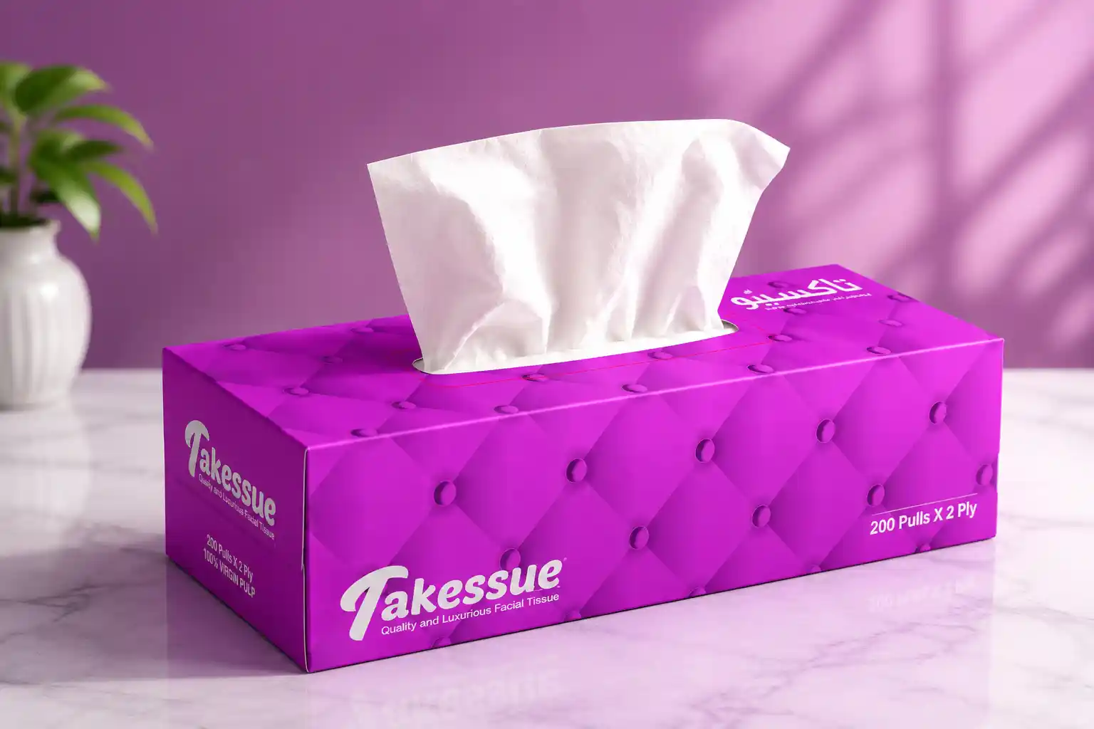 Takessue Premium Facial Tissue Purple Edition 200 Pulls 2 Ply made from 100% virgin pulp