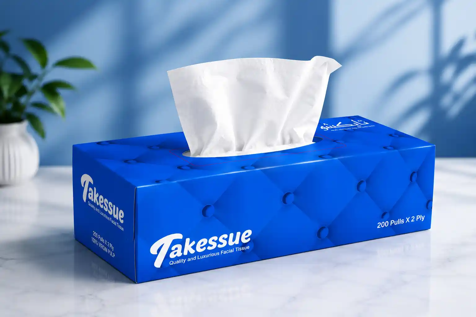 Takessue Premium Facial Tissue 200 Pulls 2 Ply Blue Tissue Box